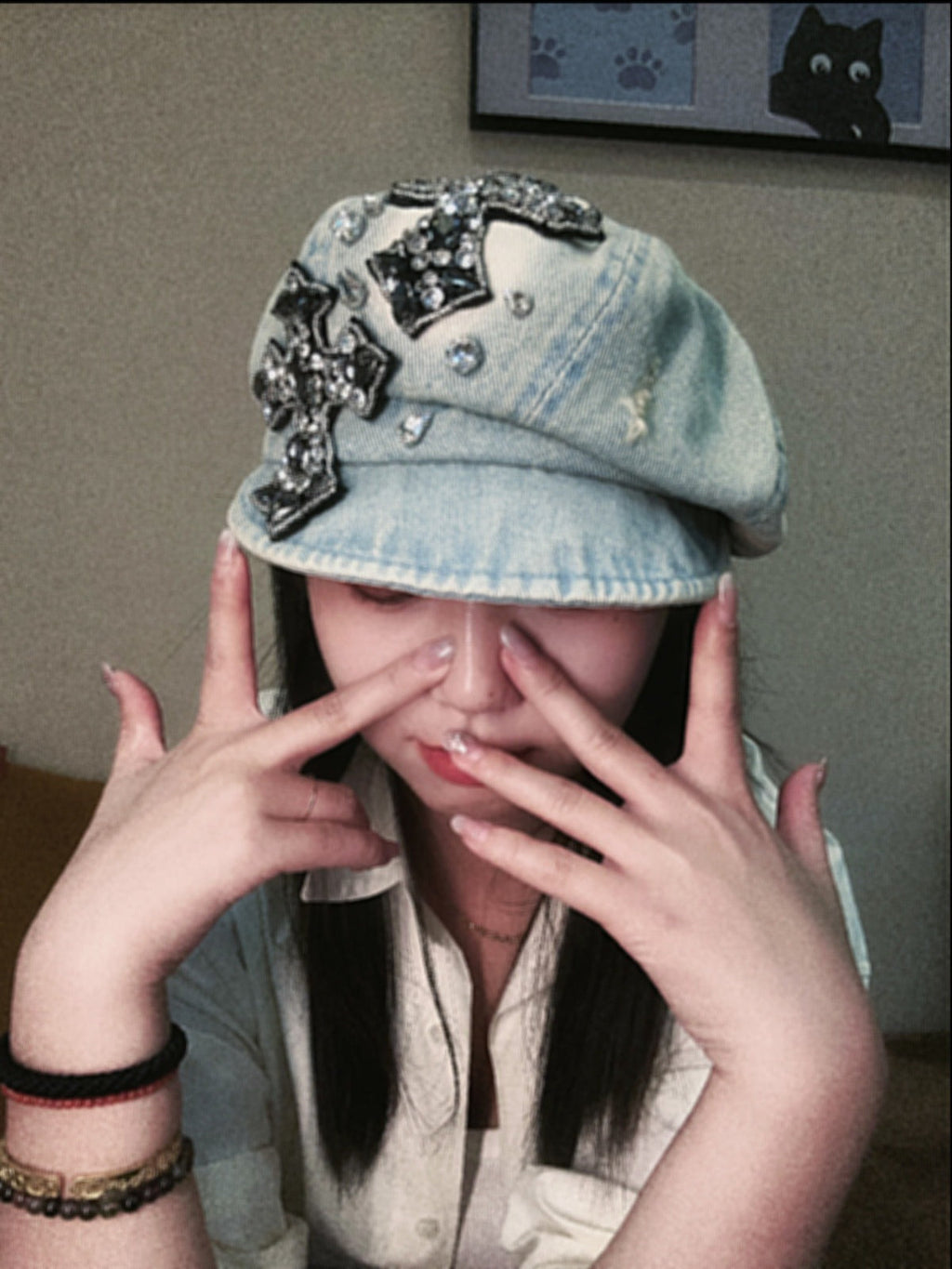 Rhinestone Cross Denim Octagonal Beret Vintage Y2K Women Newsboy Cap