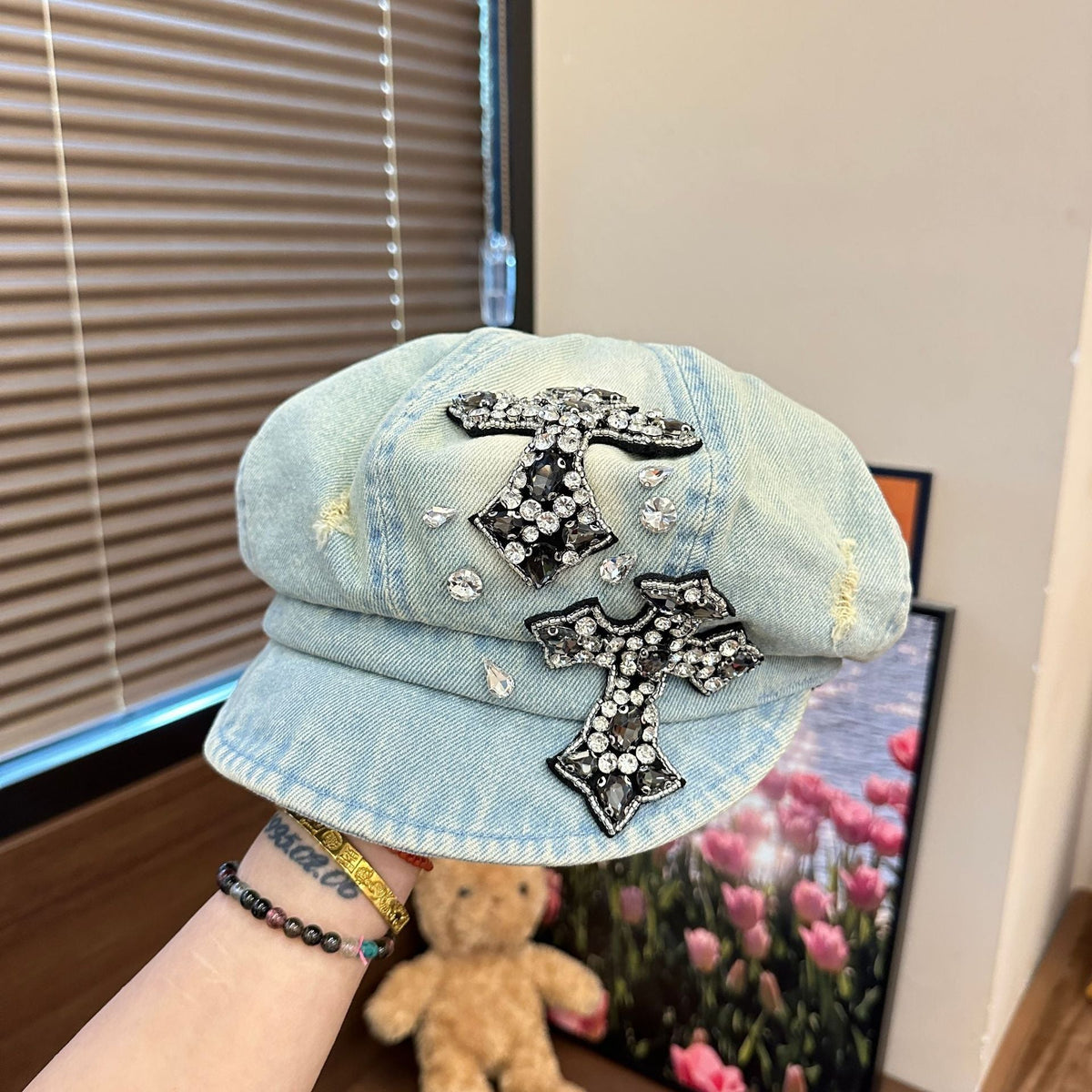 Rhinestone Cross Denim Octagonal Beret Vintage Y2K Women Newsboy Cap