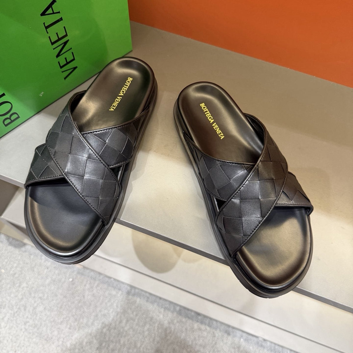 Bottega Veneta Men's Black Woven Slide Sandals