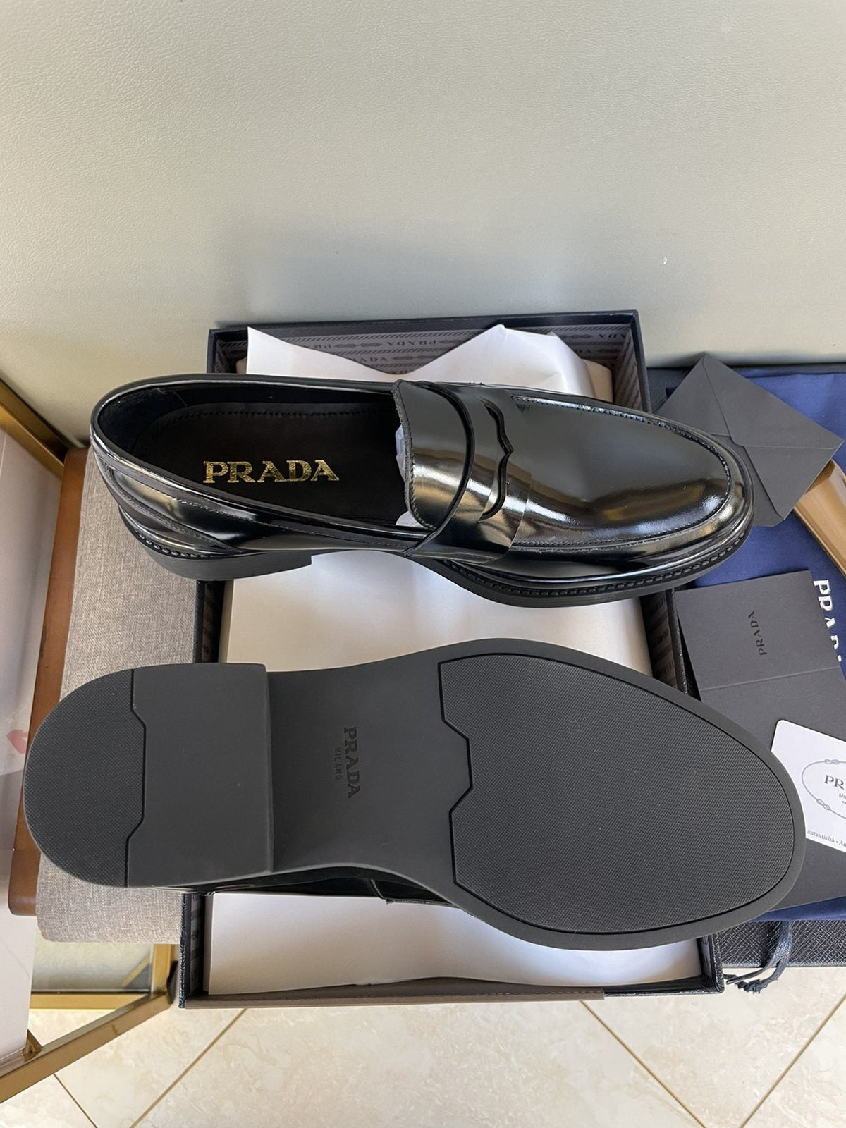 Prada Black Glossy Strap Loafers