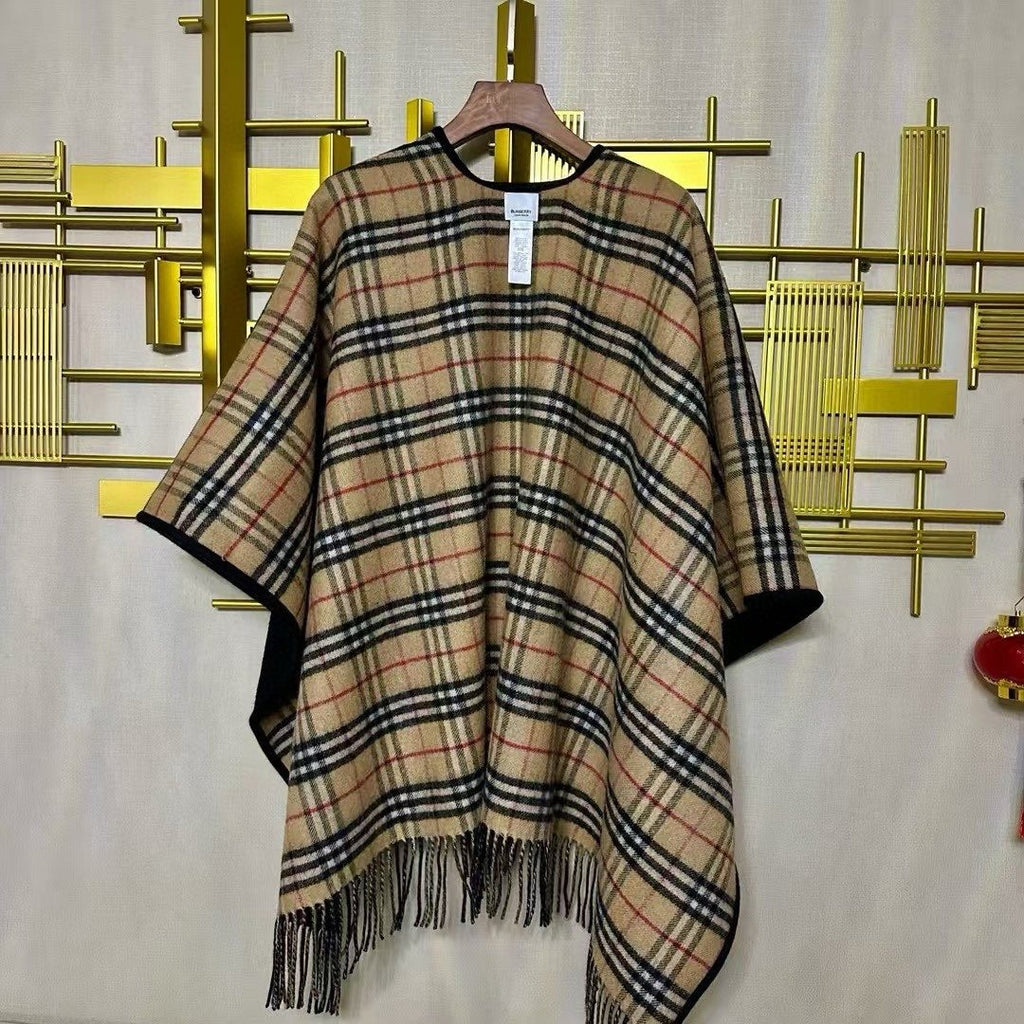 Burberry Reversible Plaid Fringed Poncho Wrap