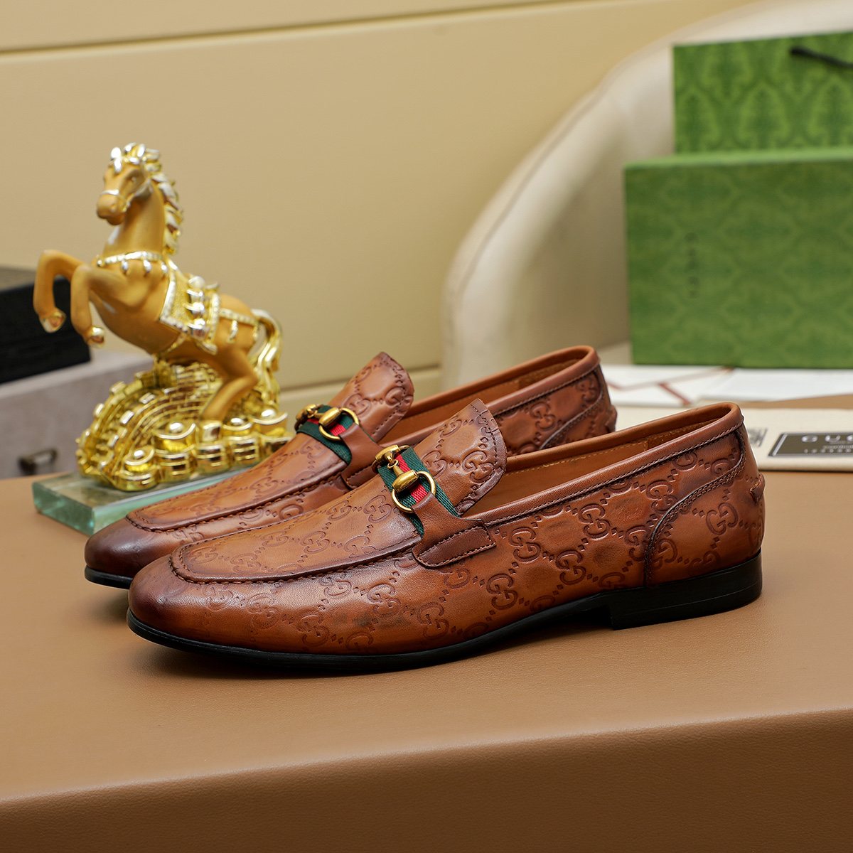 Gucci Patterned Metal-Bit Loafers